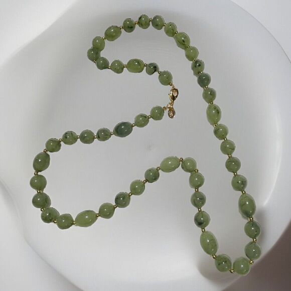 Joan Rivers VTG NECKLACE SEMI PRECIOUS Green Jasper POLISHED STONE 12mm 30in - Picture 3 of 8